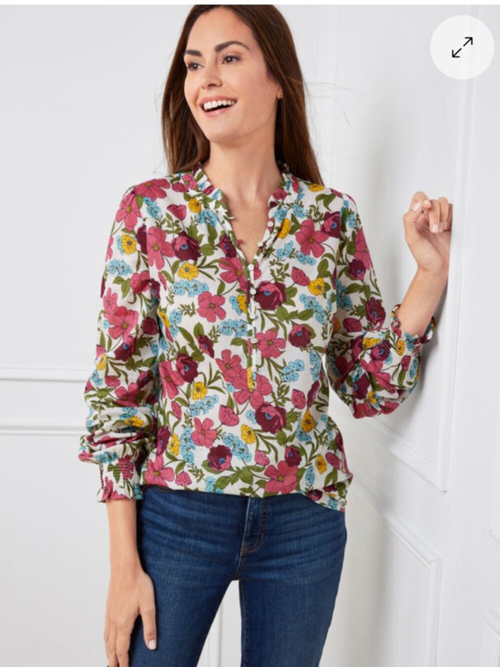Talbots MP Petite Multicolor Glass Floral Ruffle Neck Smocked Cuff Popover Top
